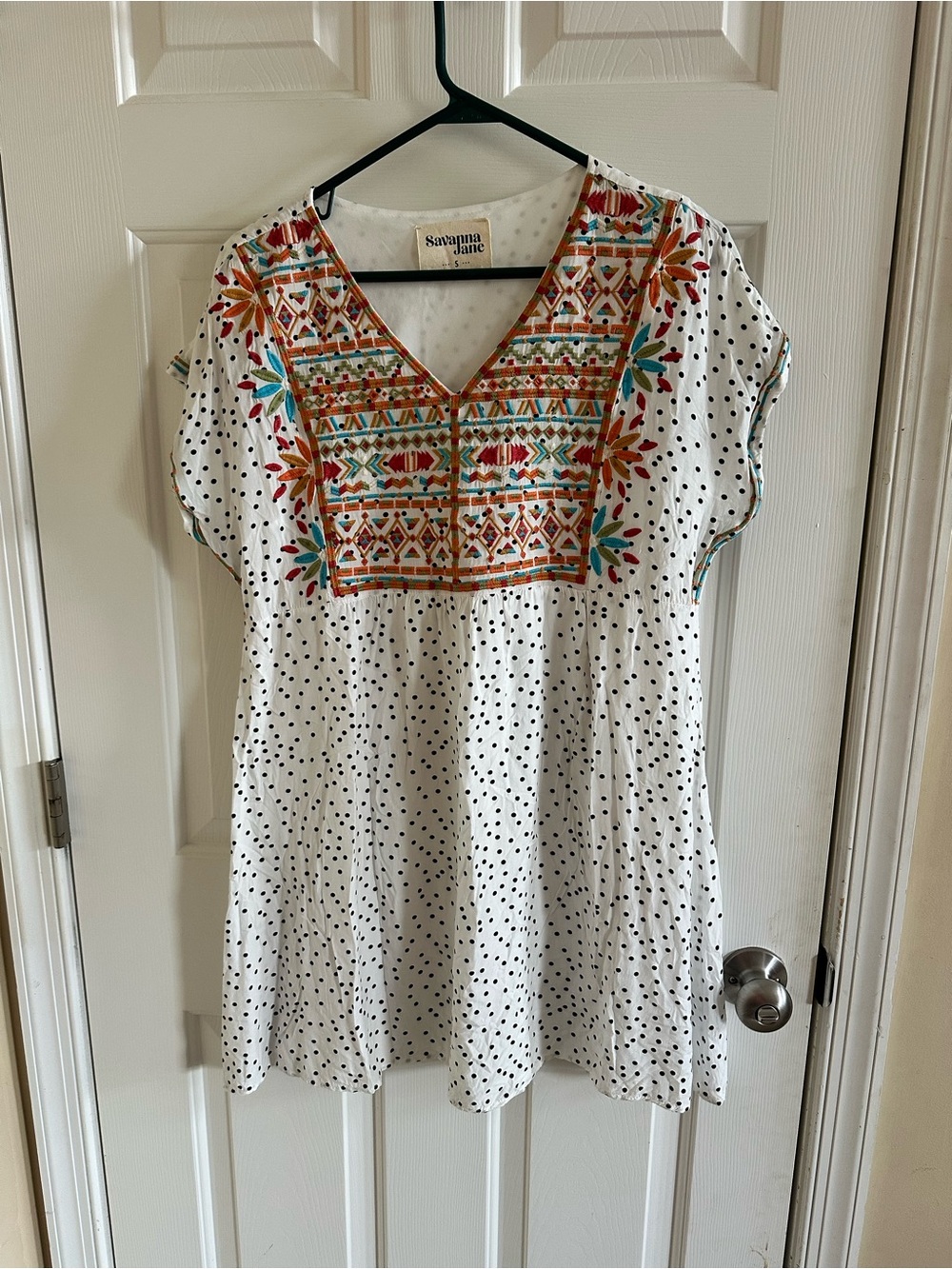 Savanna Jane White Polka Dot Embroidered Lined Dress Cap Sleeve Floral Boho Sz S